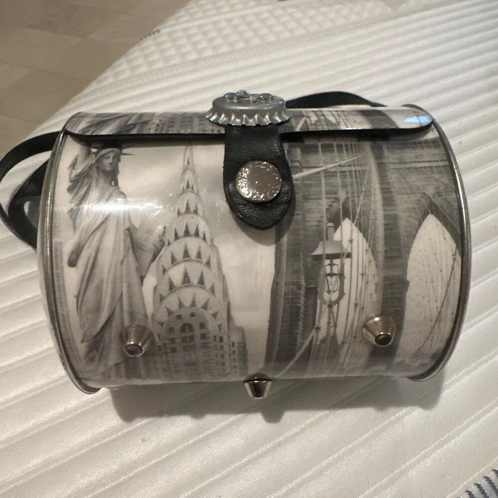 ROUND Cylinder Crossbody Bag with Black Strap and NYC Print